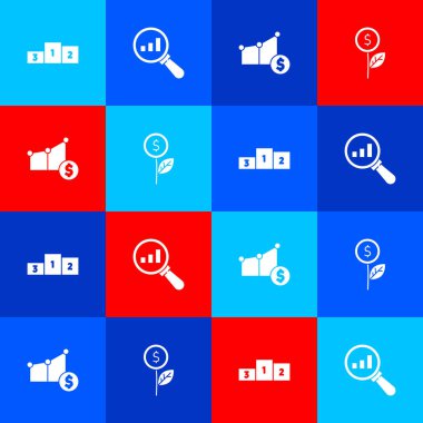 Set Business podyumu, büyüteç ve analiz, turta grafiği ve bitki ikonu. Vektör.