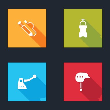 Bisiklet pompasını, su, fren ve kask ikonlu spor şişesini ayarlayın. Vektör.