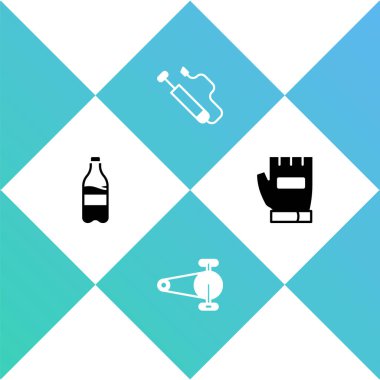 Spor şişesini suyla, bisiklet zinciri teçhizatıyla hava pompası ve eldiven simgesiyle ayarlayın. Vektör.