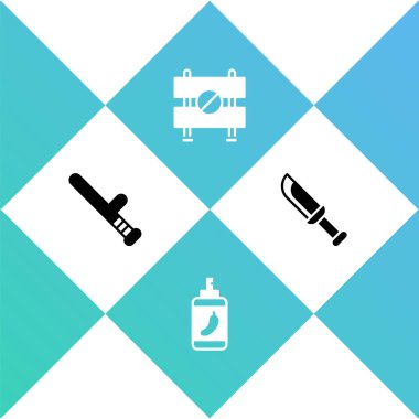 Polis kauçuk sopası, biber gazı, yol bariyeri ve askeri bıçak ikonu koyun. Vektör.