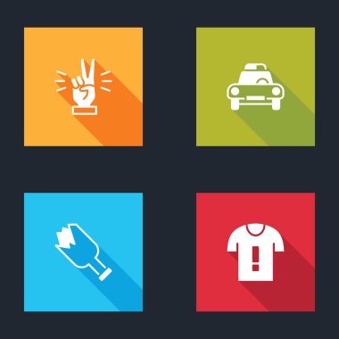 Set Hand iki parmak, polis arabası teşhircisi, kırık şişe silahı ve tişört protesto ikonu gösteriyor. Vektör.