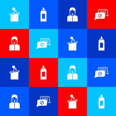 Sahne standı veya Tribün, boya spreyi, konuşma özgürlüğü sansürleme ve konuşma balonu sohbet simgesi ayarlayın. Vektör.