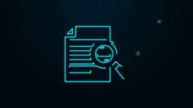 Siyah arkaplanda izole edilmiş arama simgesiyle parlayan neon hattı belgesi. Dosya ve büyüteç simgesi. Analitik araştırma işareti. 4K Video hareketli grafik canlandırması