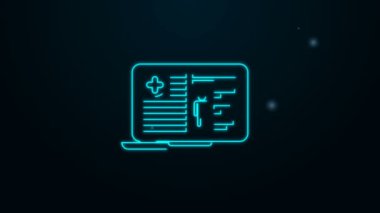 Laptop ikonundaki parlak neon hattı tıbbi kayıtları siyah arkaplanda izole edildi. Sağlık sigortası formu. Tıbbi kontrol işaretleri raporu. 4K Video hareketli grafik canlandırması