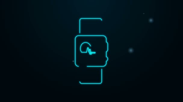Λαμπερό νέον γραμμή Smart ρολόι δείχνει την καρδιά ρυθμό εικονίδιο που απομονώνονται σε μαύρο φόντο. Fitness App έννοια. 4K Γραφική κίνηση κίνησης βίντεο — Αρχείο Βίντεο