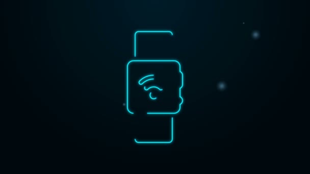 Светящиеся неоновые линии Smartwatch с значком беспроводного символа изолированы на черном фоне. Видеографическая анимация 4K — стоковое видео