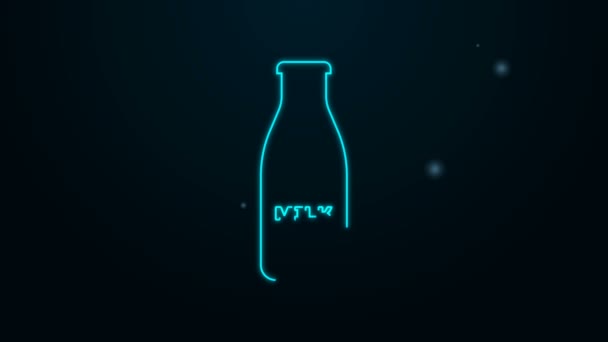 Gloeiende neon lijn Gesloten glazen fles met melk en dop pictogram geïsoleerd op zwarte achtergrond. 4K Video motion grafische animatie — Stockvideo