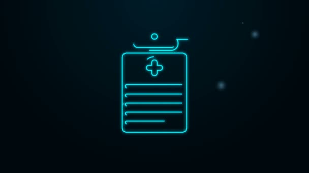 Glowing neon line Portapapeles médico con icono de la historia clínica aislado sobre fondo negro. Formulario de seguro de salud. Reporte de las marcas médicas. Animación gráfica de vídeo 4K — Vídeos de Stock