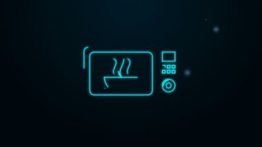 Parlayan neon hattı mikrodalga fırın ikonu siyah arkaplanda izole edildi. Ev aletleri simgesi. 4K Video hareketli grafik canlandırması