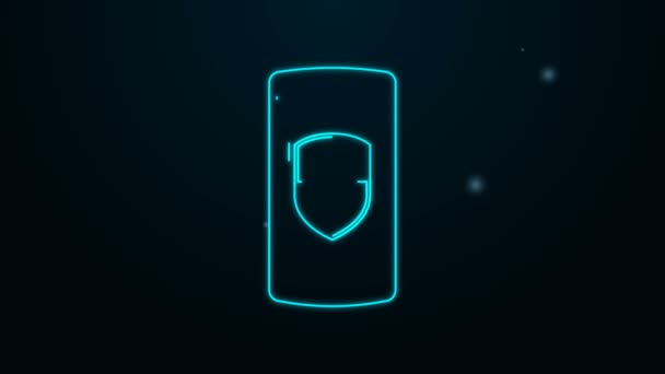 Glowing neon line Smartphone, mobile phone with security shield icon isolated on black background. 4K Video motion graphic animation — Stock Video