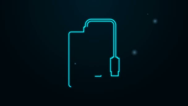 Glowing neon line Power bank with different charge cable icon isolated on black background. Portable charging device. 4K Video motion graphic animation — Stock Video