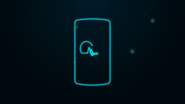 Linha de néon brilhante Smartphone com ícone de função monitor de frequência cardíaca isolado no fundo preto. Animação gráfica em movimento de vídeo 4K — Vídeo de Stock