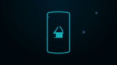 Ekranda parlayan neon hattı alışveriş sepeti siyah arkaplanda izole edilmiş akıllı telefon simgesi. Konsept e-ticaret, e-ticaret, online iş pazarlama. 4K Video hareketli grafik canlandırması