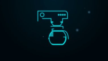 Siyah arka planda cam demlik ikonu olan parlak neon çizgili kahve makinesi. 4K Video hareketli grafik canlandırması