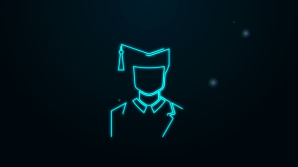 ネオンラインの輝き黒の背景に隔離されたガウンと卒業キャップアイコンを持つ男性大学院生プロフィール。4Kビデオモーショングラフィックアニメーション — ストック動画