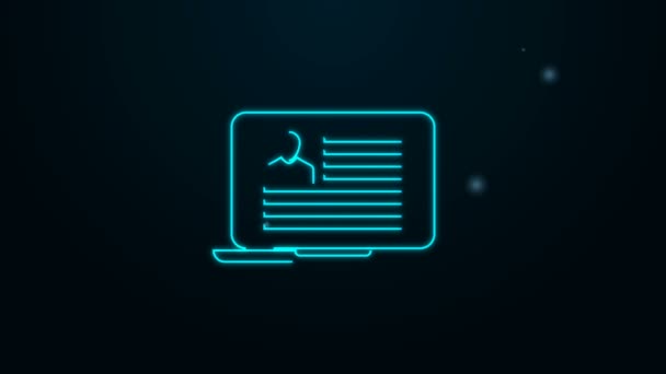 Zářící neonová čára Laptop s ikonou životopisu izolované na černém pozadí. Žádost o životopis. Hledám profesionální personál. Analyzuji životopis personálu. Grafická animace pohybu videa 4K — Stock video