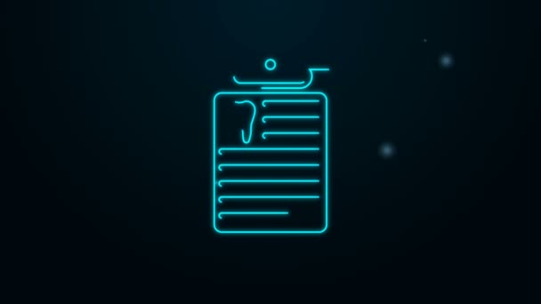 Glowing neon line Clipboard with dental card or patient medical records icon isolated on black background. Dental insurance. Dental clinic report. 4K Video motion graphic animation — Stock Video
