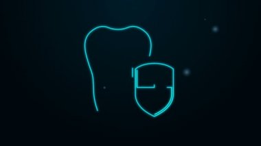 Parlayan neon hattı diş koruma ikonu siyah arkaplanda izole edildi. Kalkan logosunda diş. 4K Video hareketli grafik canlandırması