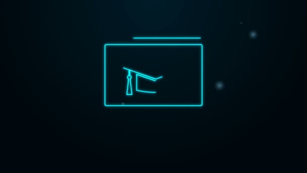 Zářící neonová čára Počítačový monitor s ikonou odstupňovacího víčka izolovaný na černém pozadí. Online učení nebo e-learning koncept. Znalosti internetu. Grafická animace pohybu videa 4K — Stock video
