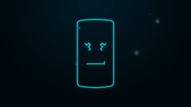 Parlayan neon hattı Ölü mobil simgesi siyah arkaplanda izole edildi. Ölen dijital cihaz emojisi sembolü. Ceset akıllı telefonu yüz duygusunu gösteriyor. 4K Video hareketli grafik canlandırması