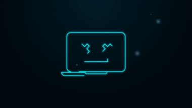 Parlayan neon hattı Ölü dizüstü bilgisayar simgesi siyah arkaplanda izole edildi. Ölü emojili dizüstü bilgisayar gibi 404 hata. Bilgisayar sisteminde ölümcül hata. 4K Video hareketli grafik canlandırması