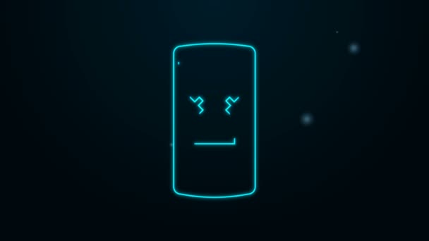 Gloeiende neon lijn Dood mobiel icoon geïsoleerd op zwarte achtergrond. Overleden digitaal apparaat emoji symbool. Lijksmartphone met gezichtsemotie. 4K Video motion grafische animatie — Stockvideo