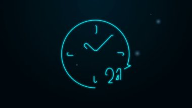 Parlayan neon hattı Saat 24 saat simgesi siyah arkaplanda izole edildi. Tüm gün döngü simgesi. 24 saat hizmet sembolü. 4K Video hareketli grafik canlandırması