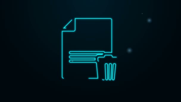 Glowing neon line Delete file document icon isolated on black background. Paper sheet with recycle bin sign. Rejected document icon. Cross on paper. 4K Video motion graphic animation — Stock Video