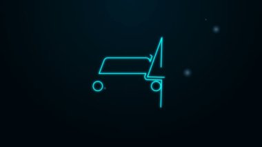 Parlak neon hattı elektrikli araba ve elektrik kablosu şarj ikonu siyah arka planda izole edildi. Yenilenebilir ekolojik teknolojiler. 4K Video hareketli grafik canlandırması