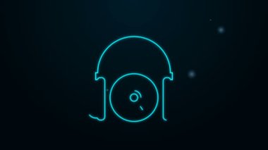 Siyah arkaplanda parlayan neon hattı kulaklıklar ve CD veya DVD simgesi izole edildi. Kulaklık işareti. Küçük disk sembolü. 4K Video hareketli grafik canlandırması