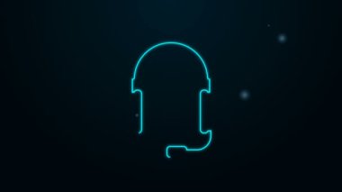 Siyah arka planda izole edilmiş mikrofon simgesi olan parlak neon hattı kulaklıklar. Müzik, hizmet, iletişim ve operatör için kavramsal nesne. 4K Video hareketli grafik canlandırması