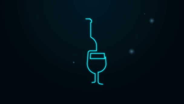 Žhnoucí neonovou linku Láhev vína s ikonou vinného skla izolovanou na černém pozadí. Grafická animace pohybu videa 4K — Stock video