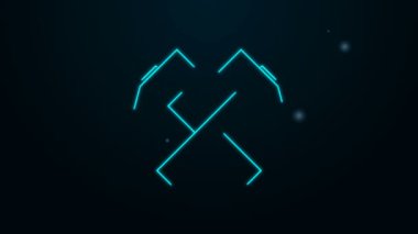Parlayan neon hattı iki çapraz çekiç simgesi siyah arkaplanda izole edildi. Tamir için bir araç. 4K Video hareketli grafik canlandırması