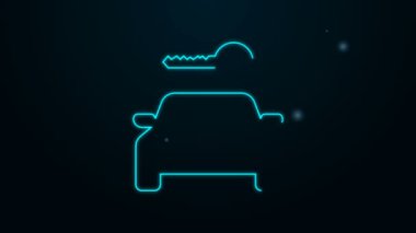 Parlayan neon hattı araba kiralama ikonu siyah arka planda izole edildi. Araba tabelası kirala. Anahtarlı araba. Otomobil tamir servisi konsepti, yedek parça mağazası. 4K Video hareketli grafik canlandırması