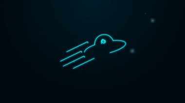 Parlayan neon hattı UFO uçan uzay gemisi ve siyah arka planda izole edilmiş uzaylı ikonu. Uçan daire. Uzaylı uzay gemisi. Gelecekteki bilinmeyen uçan nesne. 4K Video hareketli grafik canlandırması