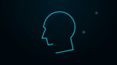 Siyah arka planda izole edilmiş kalp atışı ikonu olan parlak neon çizgili erkek kafası. Akıl sağlığı, sağlık ve sağlık sigortası olan bir kafa. 4K Video hareketli grafik canlandırması