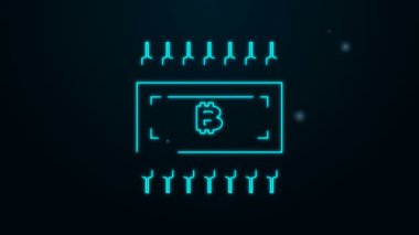 Parlak neon hattı Cryptocurrency bitcoin siyah arkaplanda izole edilmiş mikroçip devre ikonu ile daire içinde. Engelleme teknolojisi, dijital para piyasası. 4K Video hareketli grafik canlandırması