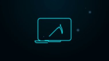 Siyah arka planda izole edilmiş dizüstü bilgisayarı ve kazma ikonu olan parlak neon hattı madencilik konsepti. Engelleme teknolojisi, kripto para birimi madenciliği, dijital para piyasası. 4K Video hareketli grafik canlandırması