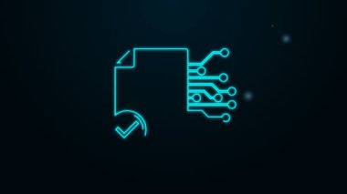 Parlayan neon hattı Akıllı sözleşme simgesi siyah arkaplanda izole edildi. Engelleme teknolojisi, kripto para madenciliği, bitcoin, altsikkeler, dijital para piyasası. 4K Video hareketli grafik canlandırması