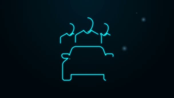 Glowing neon line Car sharing with group of people icon isolated on black background. Carsharing sign. Transport renting service concept. 4K Video motion graphic animation — Stock Video