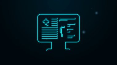 Siyah arkaplanda izole edilmiş monitör ikonundaki parlak neon hattı tıbbi kayıtları. Sağlık sigortası formu. Reçete, tıbbi kontrol işaretleri raporu. 4K Video hareketli grafik canlandırması