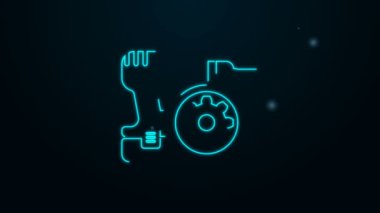 Parlayan neon hattı matkap ve dişli ikonu siyah arkaplanda izole edildi. Uygulama, servis konsepti, ayar seçenekleri, bakım, onarım, onarım. 4K Video hareketli grafik canlandırması