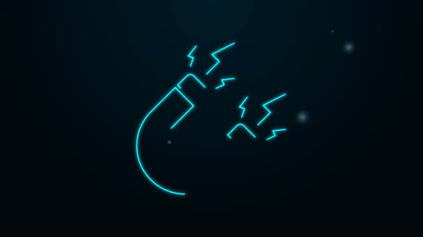 Ligne lumineuse au néon Aimant avec icône de foudre isolé sur fond noir. Aimant en fer à cheval, magnétisme, magnétisation, signe d'attraction. Animation graphique de mouvement vidéo 4K — Video