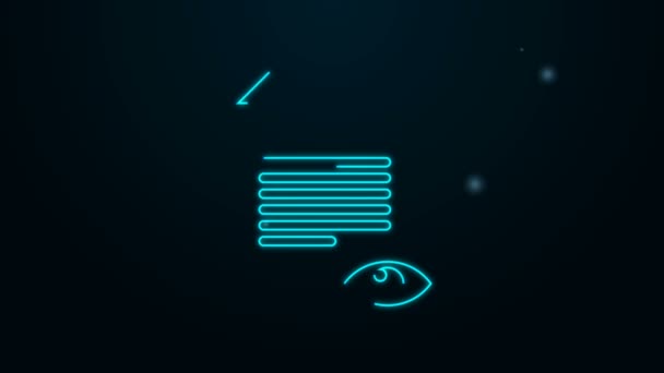 Linha de néon brilhante Página de papel com ícone de símbolo de olho isolado no fundo preto. Abrir sinal de arquivo de informações. Animação gráfica em movimento de vídeo 4K — Vídeo de Stock