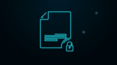 Parlayan neon hattı Belgesi ve kilit simgesi siyah arkaplanda izole edildi. Dosya biçimi ve asma kilit. Güvenlik, güvenlik, koruma kavramı. 4K Video hareketli grafik canlandırması