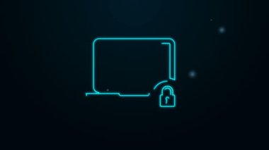 Parlayan neon hattı dizüstü bilgisayar ve kilit simgesi siyah arkaplanda izole edildi. Bilgisayar ve asma kilit. Güvenlik, güvenlik, koruma kavramı. Güvenli bir ağ. 4K Video hareketli grafik canlandırması