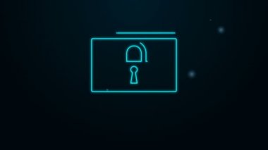 Parlayan neon hattı Kilidi siyah arkaplanda izole edilmiş bilgisayar monitör simgesi üzerinde. Monitör ve asma kilit. Güvenlik, güvenlik, koruma kavramı. Güvenli bir ağ. 4K Video hareketli grafik canlandırması