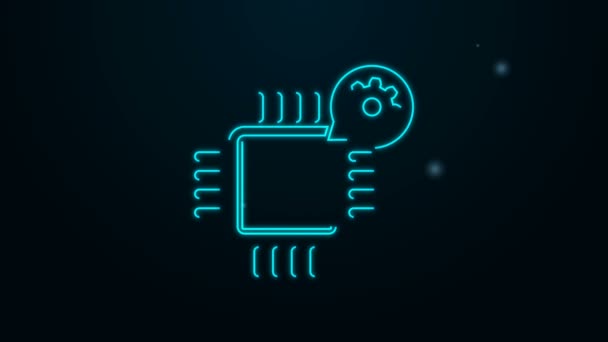 Glowing neon line Processor and gear icon isolated on black background. CPU, chip service concept. Adjusting app, setting options, maintenance, repair, fixing. 4K Video motion graphic animation — Stock Video