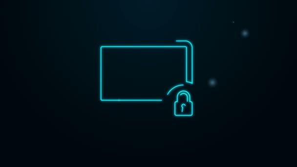 Brillante línea de neón Bloqueo en el icono de la pantalla del monitor del ordenador aislado sobre fondo negro. Monitor y candado. Seguridad, seguridad, concepto de protección. Interred segura. Animación gráfica de vídeo 4K — Vídeo de stock