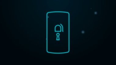 Siyah arkaplanda kapalı asma kilit simgesine sahip parlak neon hattı Smartphone. Kilitli telefon. Gezici güvenlik, güvenlik, koruma konsepti. 4K Video hareketli grafik canlandırması